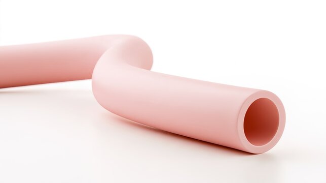 silicone. A smooth pink silicone tube curved elegantly on a white background. product launch decks, UI/UX mockups, designed for data visualization dashboards and holographic UIs.