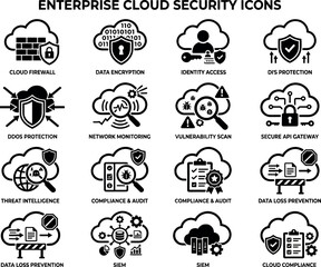 Obraz premium Enterprise Cloud Security Icon Set – 20 Black Line Vector Icons for Cybersecurity and Network Protection