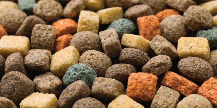 Assorted dry pet food pellets in earthy colors, textured animal feed background