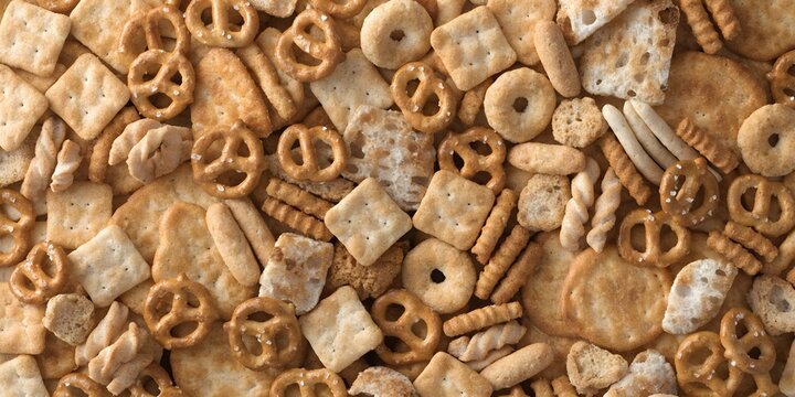 Assorted crispy cereal and savory snack pieces, warm golden monochrome food texture