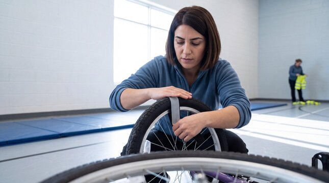 Frau befestigt Reflektor an Fahrradspeiche zur Verkehrssicherheit