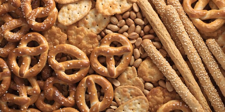 Golden pretzels, crackers and breadsticks arranged in a dense crunchy snack texture
