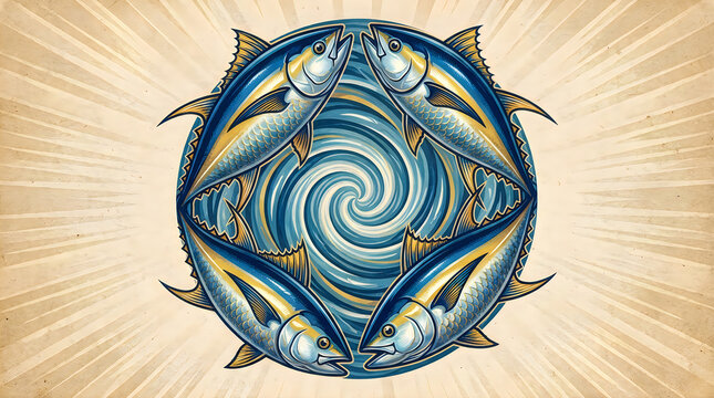 Circular tuna fish pattern with blue water swirl design illustration