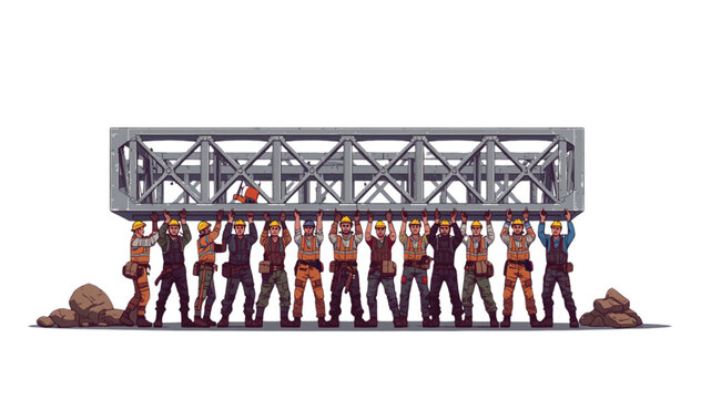 Builders cooperate in unison to support a massive metal girder overhead during structural placement and heavy erection procedures.