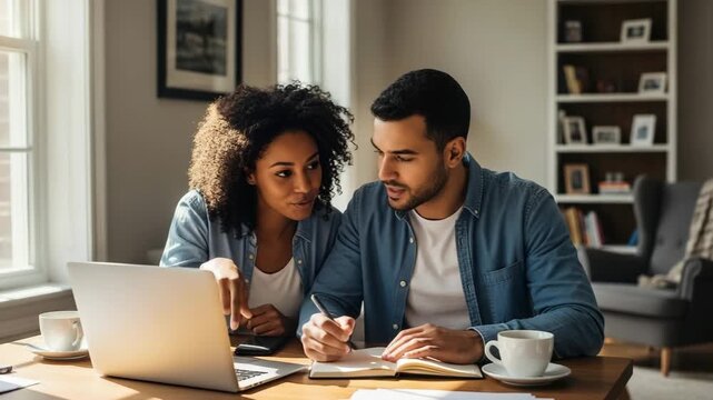 Woman and man planning a household budget together with laptop, notebook, calculator, and financial discussion at home