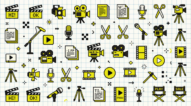 Minimalist cinema icons set, yellow and black movie production vector elements, film industry equipment graphics on grid background