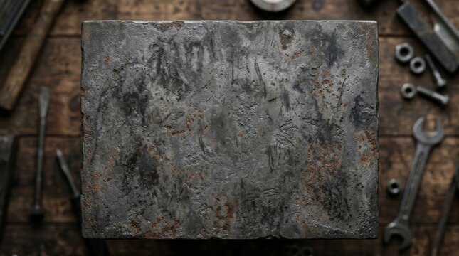A close overhead shot displays a weathered metal surface showcasing a rough rust texture metal finish surrounded by old mechanic tools on a worn wooden work table