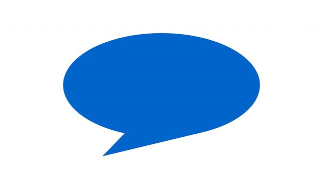 左下に尻尾が付いた青い横長の楕円の吹き出しが中央に大きく現れ静止する白背景のアニメーション
