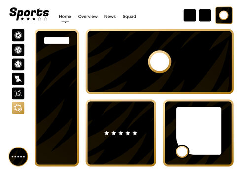 Premium sports dashboard UI with black and gold styling, navigation sidebar, hero banner, rating cards, and modern layouts for football, soccer, and sports website interfaces.