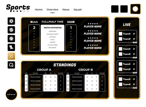 Premium sports dashboard UI with black and gold styling, live match scores, team statistics, player ratings, and league standings for football and soccer competition interfaces.