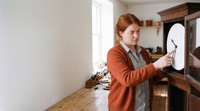 Uhrmacherin stellt Zeiger an antiker Standuhr in Werkstatt ein