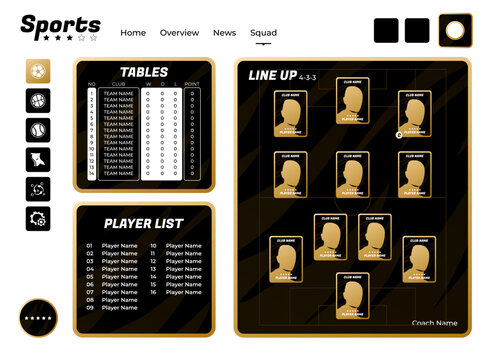 Premium sports dashboard UI with black and gold styling, football lineup formation, player cards, squad roster, team tables, and modern soccer website interface.