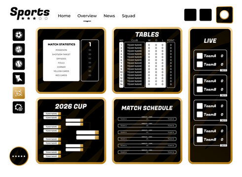 Premium sports dashboard UI with black and gold styling, match statistics, league tables, live scores, tournament bracket, and football match schedule for soccer competition websites.