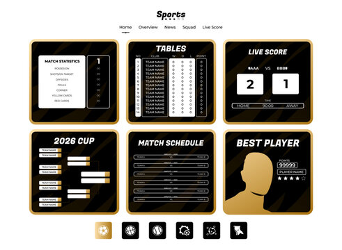 Premium sports dashboard UI with black and gold styling, match statistics, league tables, live scores, tournament bracket, match schedule, and player profile for football websites.