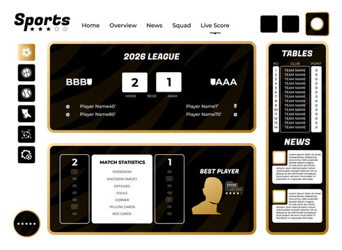 Premium sports dashboard UI with black and gold styling, live football scores, match statistics, league tables, best player profile, and sports news for soccer competition websites.