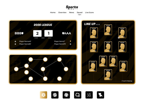 Premium football dashboard UI with black and gold styling, live match score, player lineup, tactical formation, and team performance interface for soccer league websites.