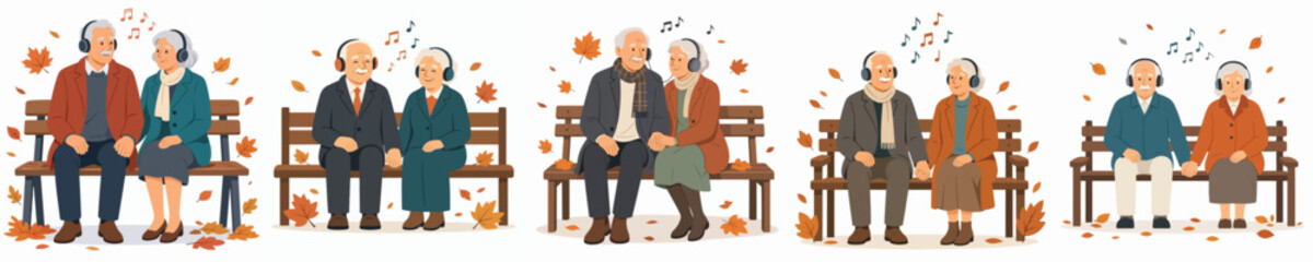 Fototapeta premium Flat vector illustration of a old couple sitting on a park bench, enjoying music together in autumn.