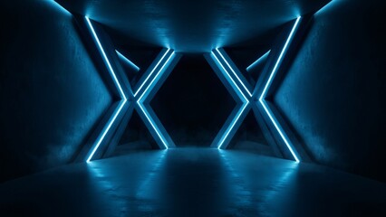 Fototapeta premium Dark tunnel interior with x-shaped glowing blue neon light frames