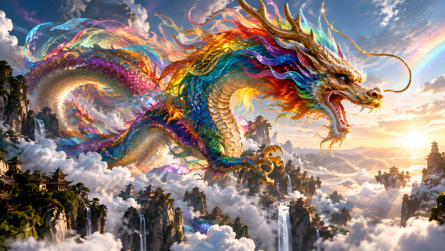 Mythical Rainbow Dragon in Colorful 3D Style &ndash; Vibrant Magical Fantasy Creature Character Illustration
