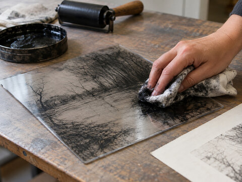 Drypoint Printmaking Plate Wiping Ink
