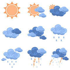 Obraz premium Daytime weather icons featuring a bright sun, partly cloudy skies, rain clouds, falling raindrops, and thunderstorms with lightning bolts on white. For weather forecasting and educational materials.