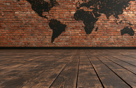 Brick wall world map wooden floor interior room empty space urban loft rustic texture brown brick black silhouette travel concept
