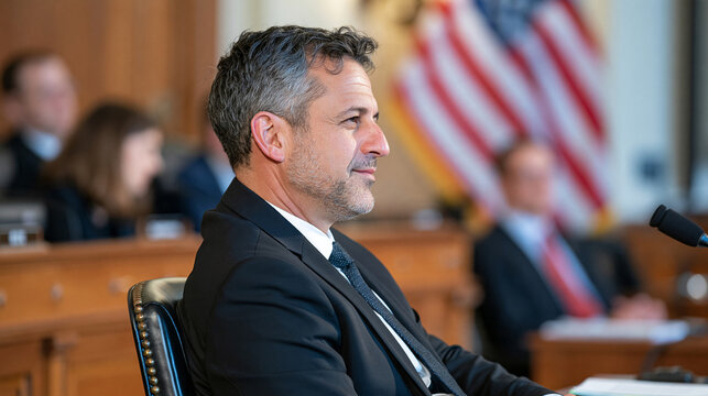 Back of a distinguished man in a black suit seated before a congressional hearing panel, American flag softly waving in the background, judge listening while attorneys discuss legal arguments on opp