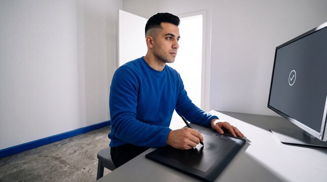 Designer arbeitet mit Grafiktablett am Schreibtisch im Homeoffice