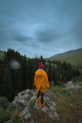 Obraz premium A person in a bright yellow raincoat and red beanie stands on a rocky cliff looking at a dense pine forest under a dramatic cloudy sky. 