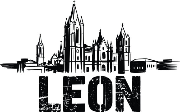 Leon cathedral skyline sketch with bold typography vector outline drawing representing famous historic European