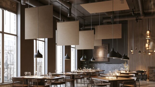 Modern dining room with ceiling acoustic baffles before opening