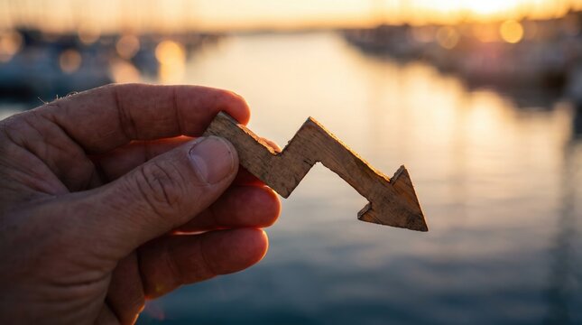 Wooden downward arrow held by hand, financial loss and economic decline concept, wooden graph symbol at sunset harbor