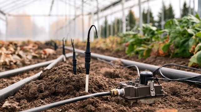 Smart irrigation probes and sensors installed in greenhouse soil