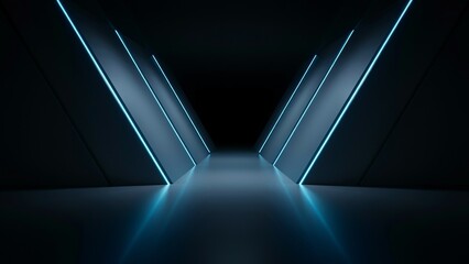 Fototapeta premium Dark corridor with angled walls and glowing blue neon light strips