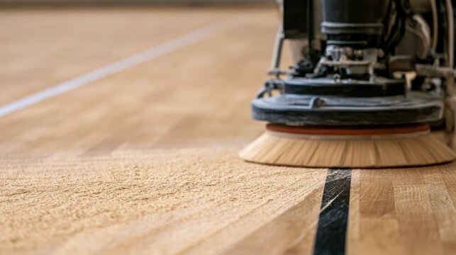 Professional machine refinishing a hardwood sports floor