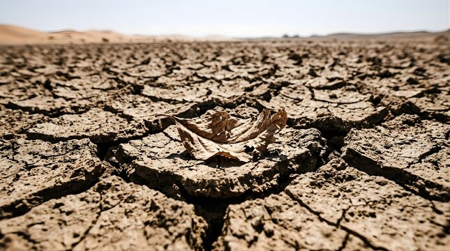 Dried brown leaf lying on cracked parched earth in a hot desert landscape