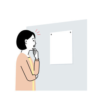 掲示板の張り紙を見て驚く女性のイラスト、掲示物にテキストスペース