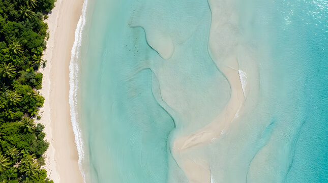 Top-down drone image of a natural shoreline with turquoise water, white ocean waves, textured sand and clean coastal patterns. AI Generated.