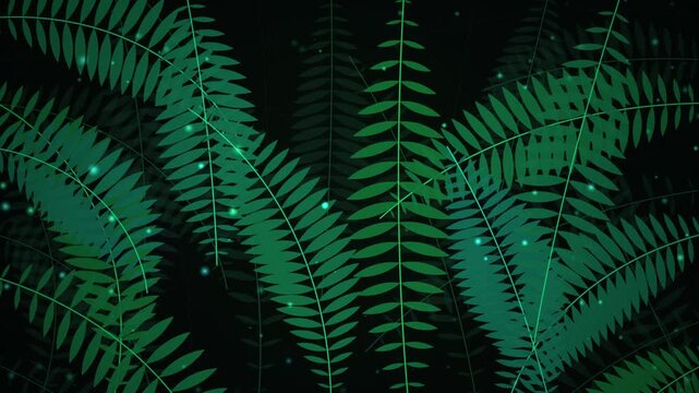 Abstract background with green fern leaves and glowing light particles on a dark backdrop