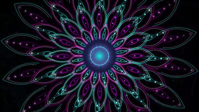 Abstract neon mandala pattern with glowing cyan and magenta floral petals on a black background