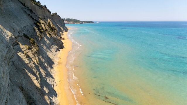 Scenic aerial view of Logas beach cliffs, Corfu, Greece