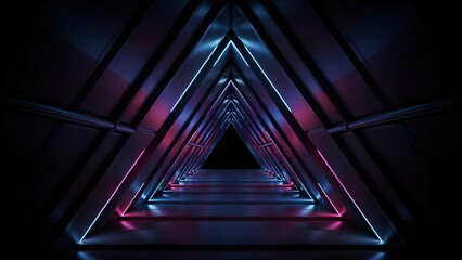 Fototapeta premium Triangular tunnel with neon blue and pink glowing edges