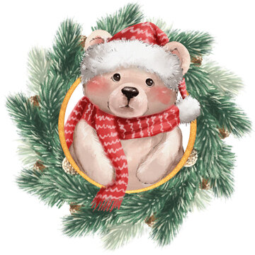 Hand-drawn illustration of a cute Christmas bear in a pine wreath