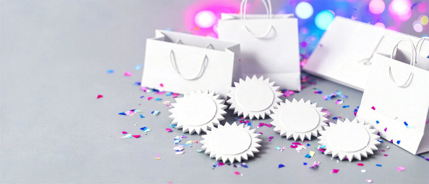 White Shopping Bags and Blank White Sale Labels with Confetti