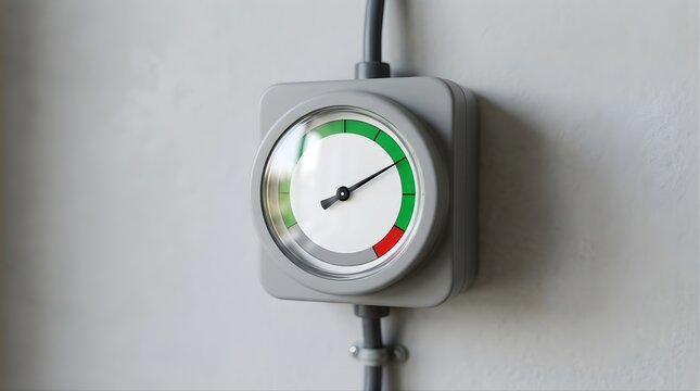 Industrial pressure gauge showing green status mounted on a gray wall