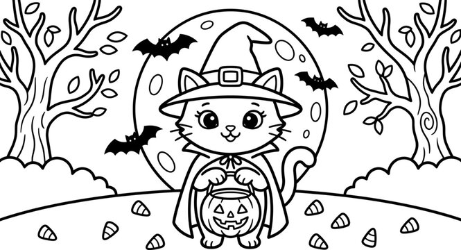Coloring page for children with a cute cat wearing a witch hat and cape holding a pumpkin bucket in front of a large full moon