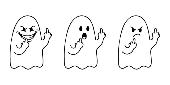 Set of three cartoon ghosts showing middle finger gesture, funny spooky characters for halloween design