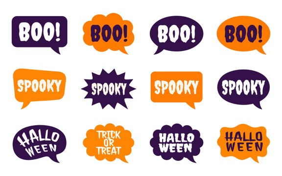 Collection of halloween speech bubbles with text boo, spooky, halloween, trick or treat, comic style