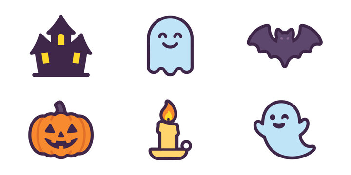 Set of cute halloween colorful icons including a haunted house, ghosts, a bat, a jackolantern pumpkin, and a lit candle, flat vector design