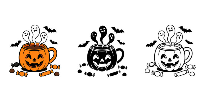 Halloween pumpkin mug with ghosts and candy, three variations including color, black silhouette, and outline, vector illustration